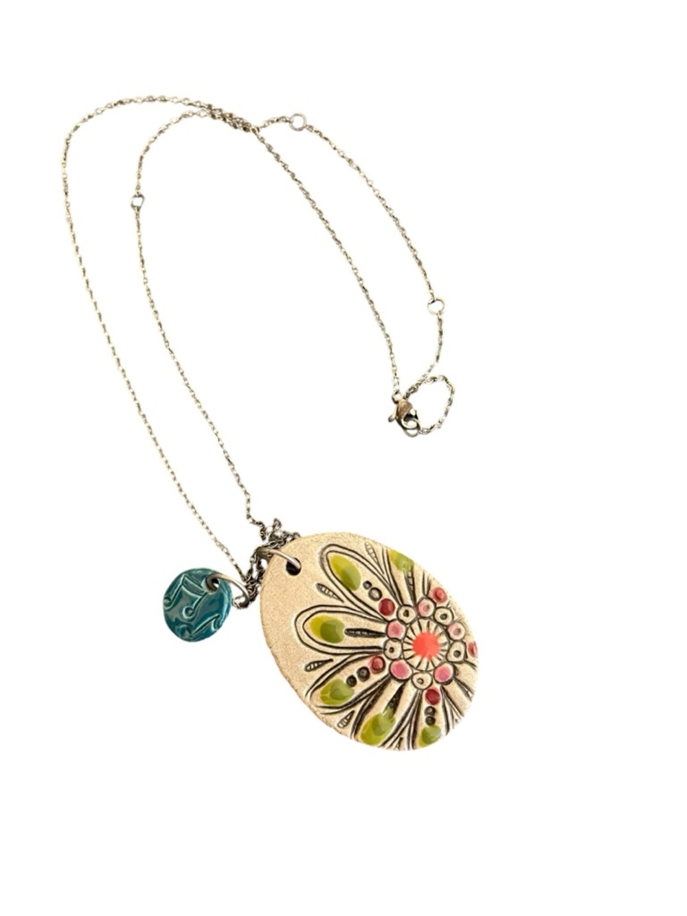 Cheryl Stevens Studio Ceramic Floral Mandala Pendant Necklace Boho Artisan Teal